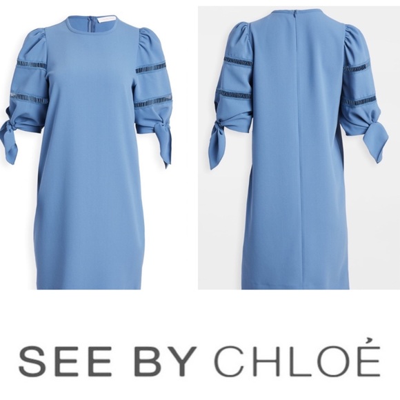 💙SEE BY CHLOE—Size 4 , Dusty Blue Shift Dress, Geometrical Cut / Tie Sleeves 💙 - Picture 5 of 16